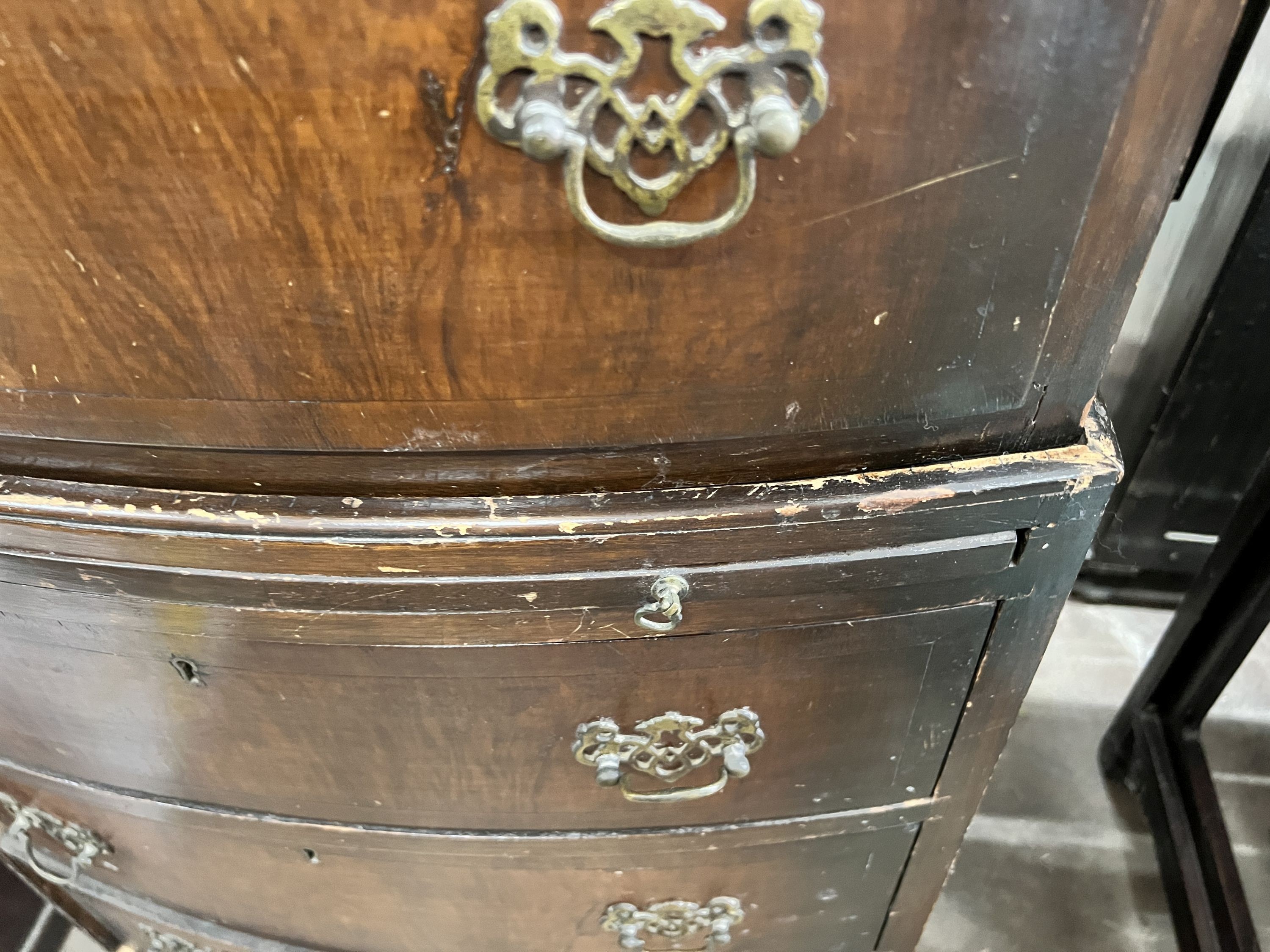 A narrow Queen Anne revival walnut bowfront tallboy, width 60cm, depth 40cm, height 157cm